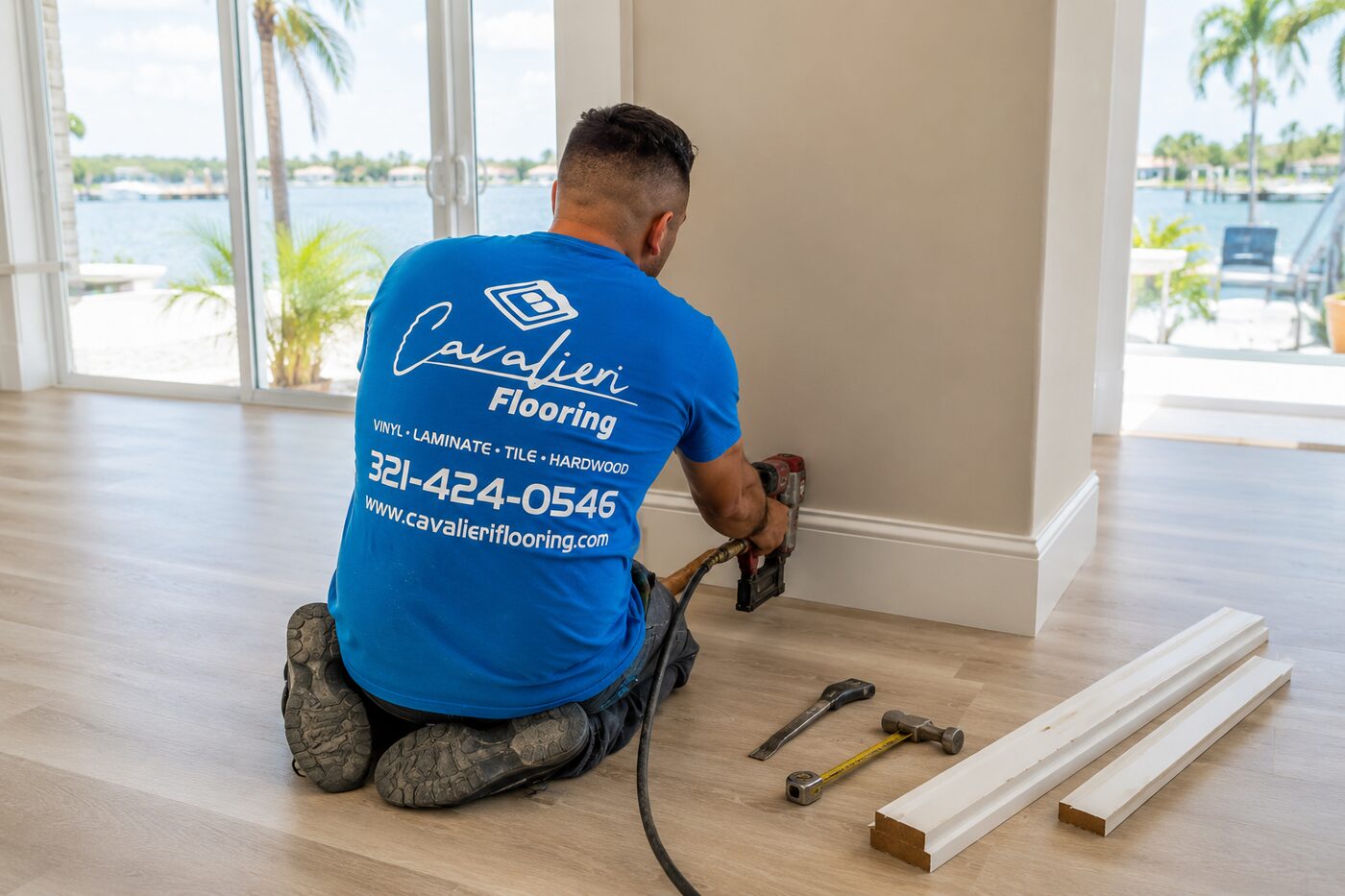 Cavalieri Flooring baseboard installation Orlando FL bedroom white trim nail gun professional