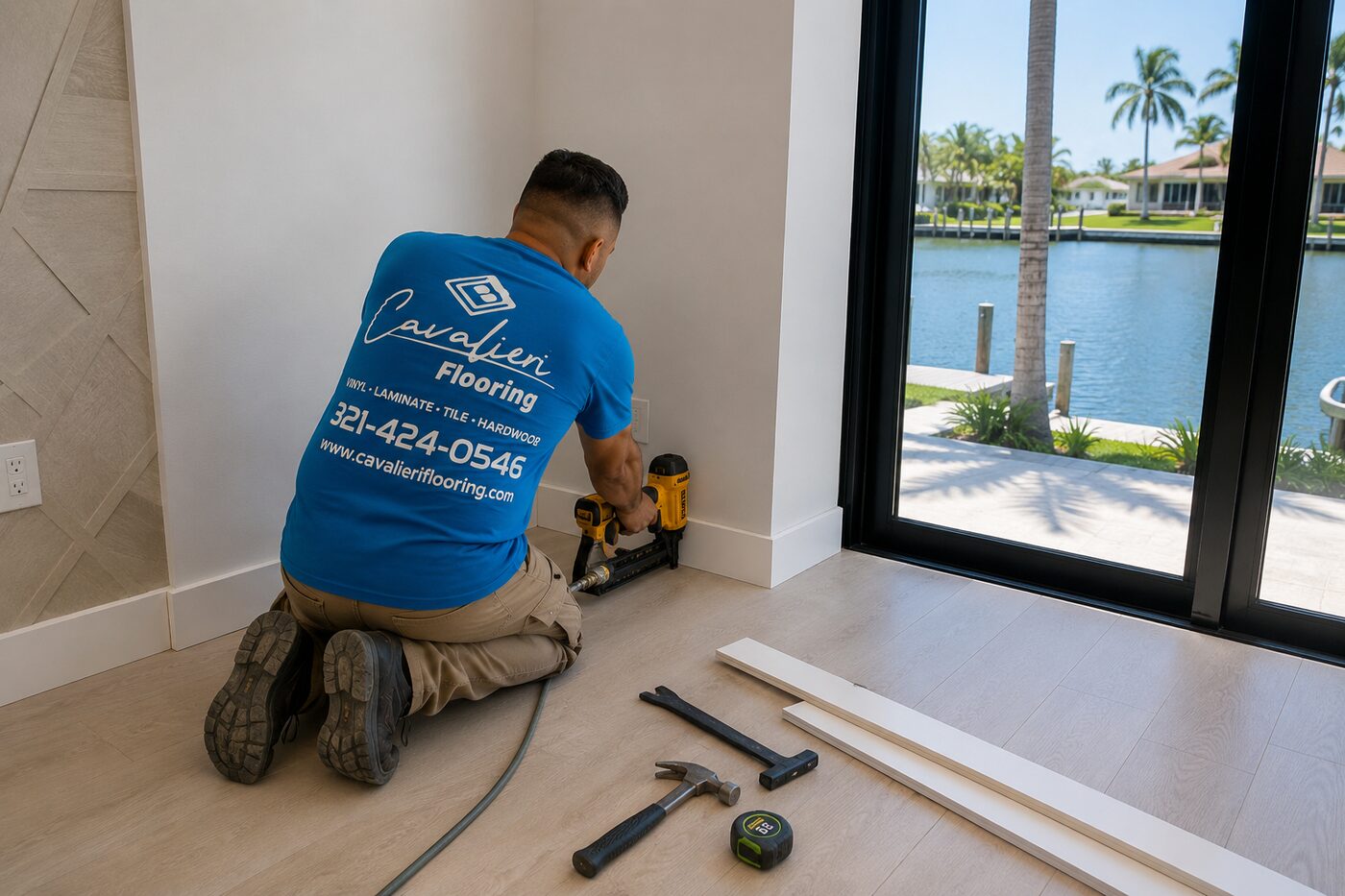 Cavalieri Flooring baseboard trim installation Orlando FL waterfront home corner nail gun