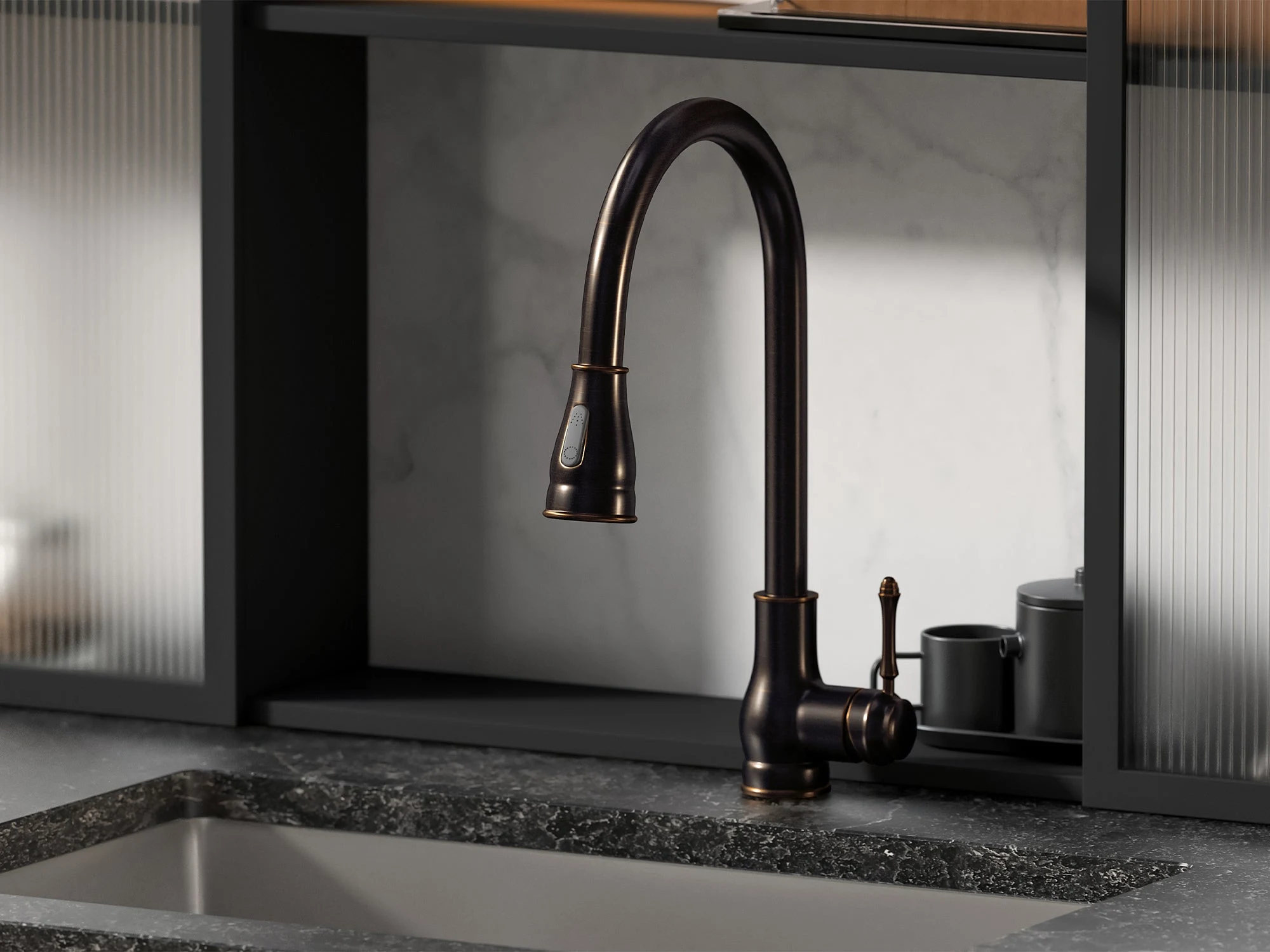 Modern pull-down kitchen faucet installed with a stainless steel workstation sink