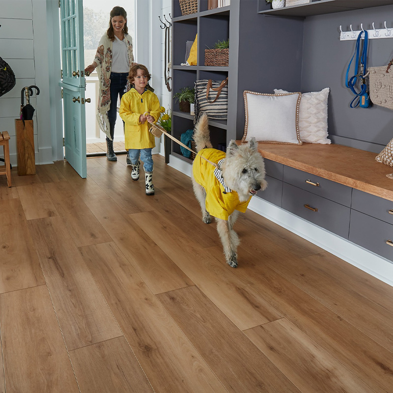 Waterproof vinyl flooring in a mudroom with a family and their dog
