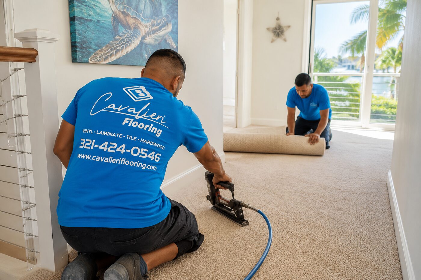 Cavalieri Flooring carpet installation Orlando FL - stapler and power stretcher tools in professional carpet fitting