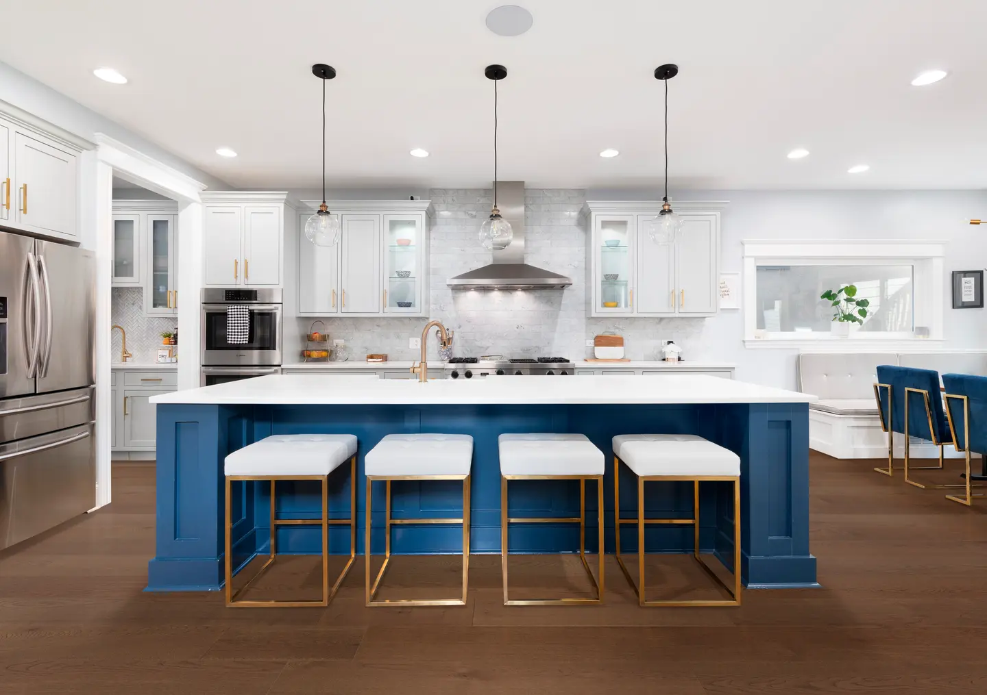 Barnyard Brut hardwood flooring in an Orlando interior — wide oak planks staying flat and tight thanks to controlled humidity