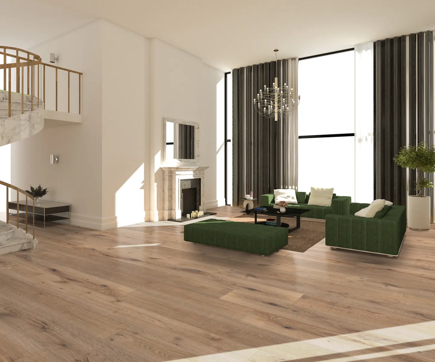 Carmel Valley hardwood flooring in an Orlando living room with an area rug — warm oak planks protected by a finish-safe rug pad