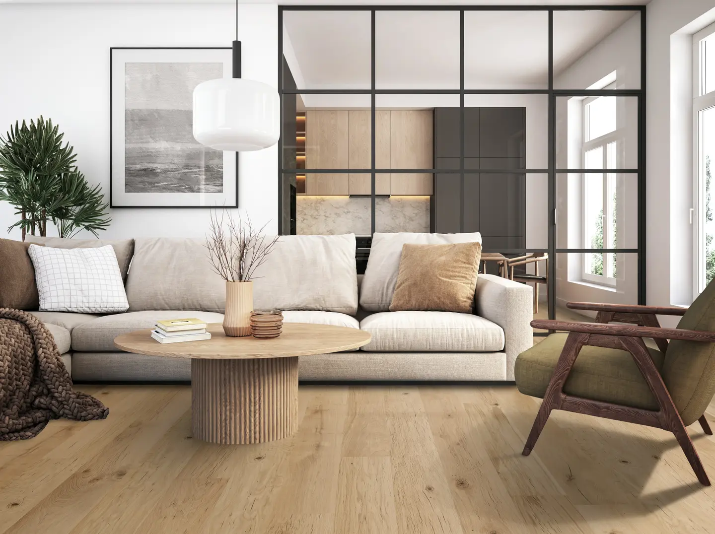 Coastal Blanc light hardwood flooring showing a refreshed matte finish in an Orlando interior
