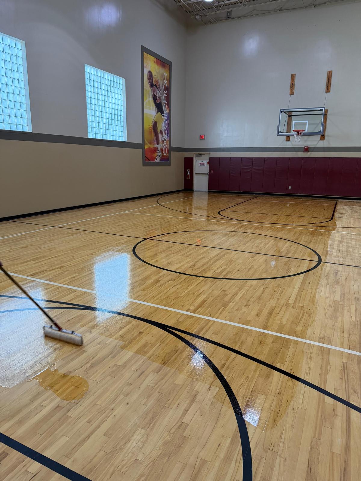 Gym floor refinish mid-process