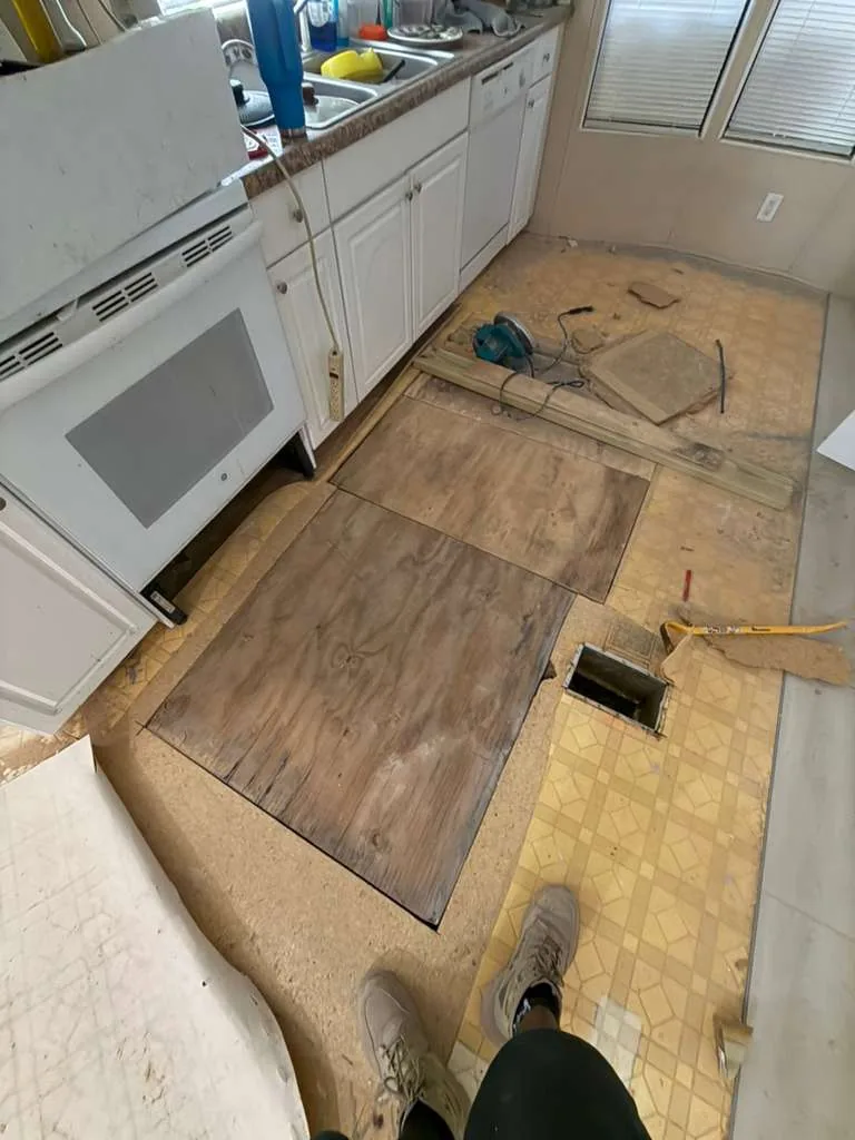 New plywood subfloor panel being fitted in a Winter Garden kitchen