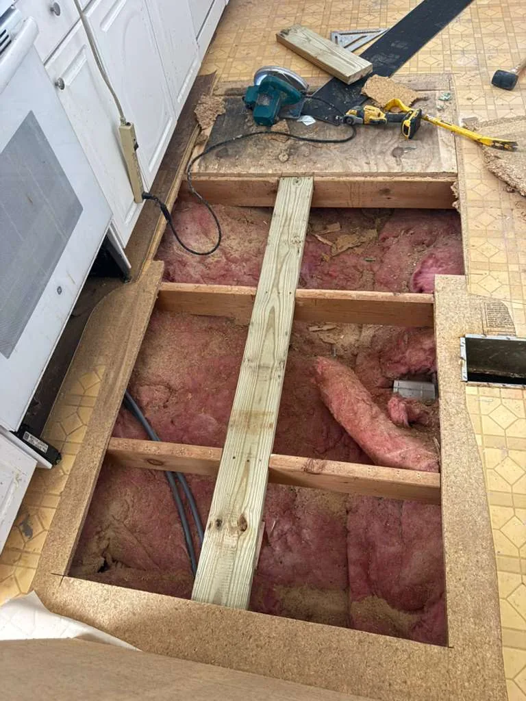 Kitchen joists visible during subfloor damage removal in Winter Garden