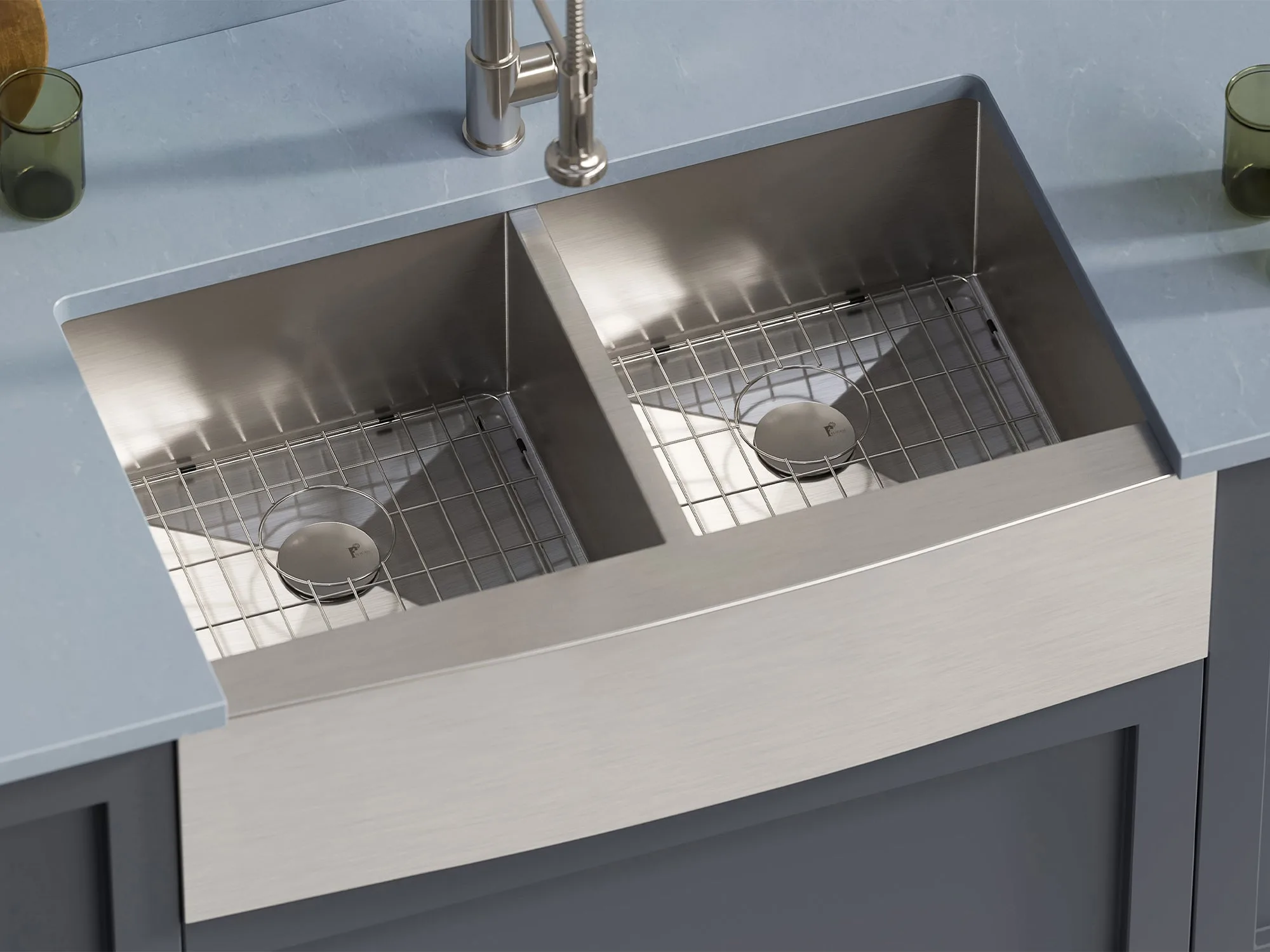 Pelican Handmade farmhouse sink PL-HA130, double-bowl 16-gauge stainless steel