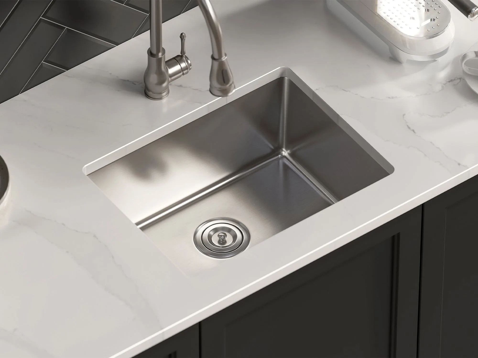 Single bowl stainless steel kitchen sink with large uninterrupted basin