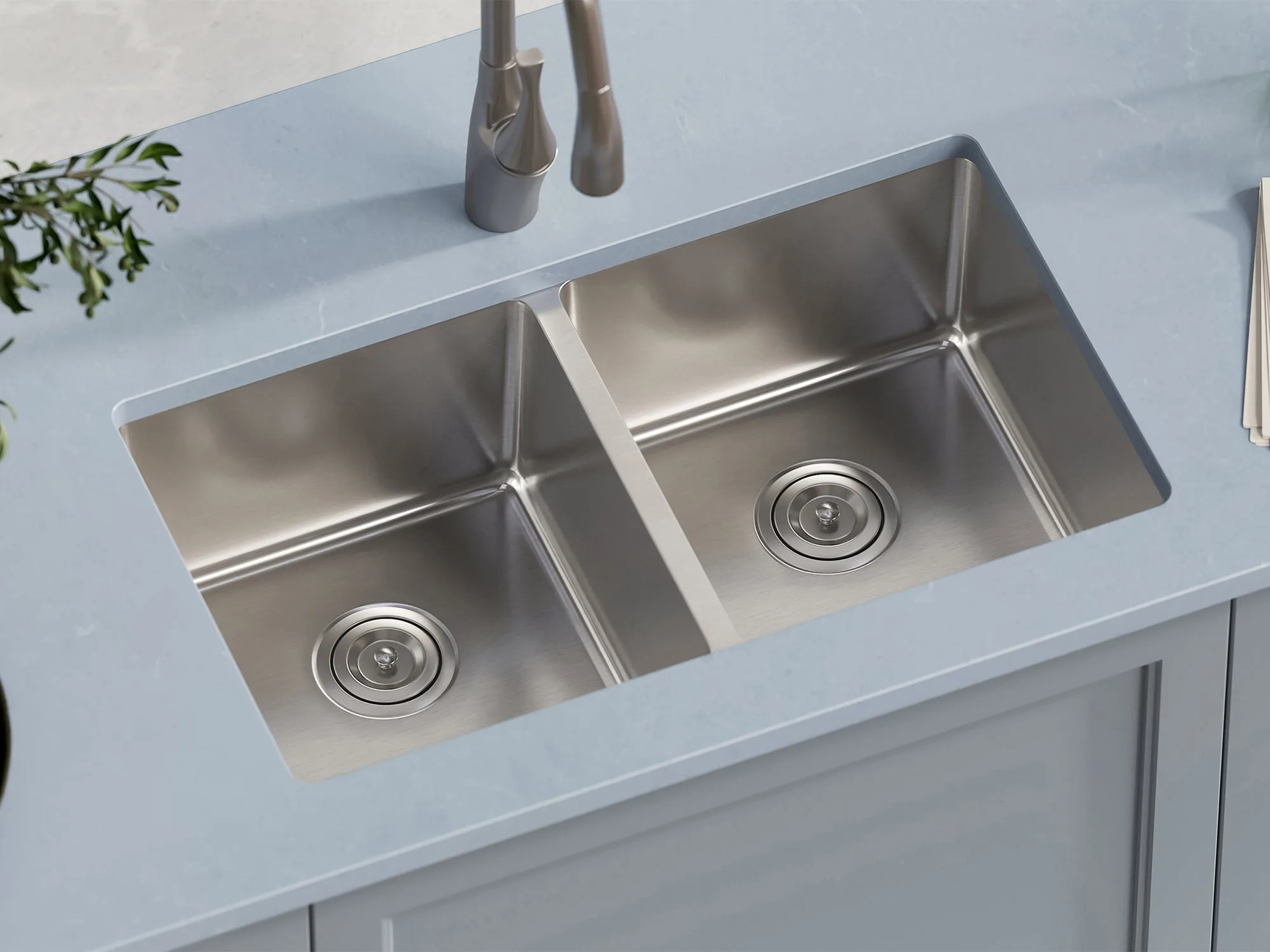 Double bowl stainless steel kitchen sink with two separate basins